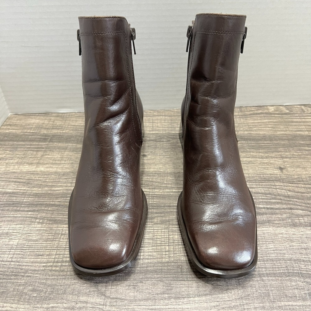Bruno Valenti Romy Ankle Boot 8.5 Brown Leather Square Toe Block Heel Zippers